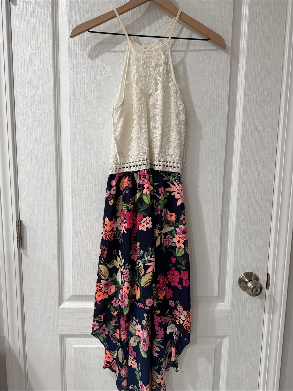 Chocolate Cream Lace High-Low Dress with Navy Floral Skirt